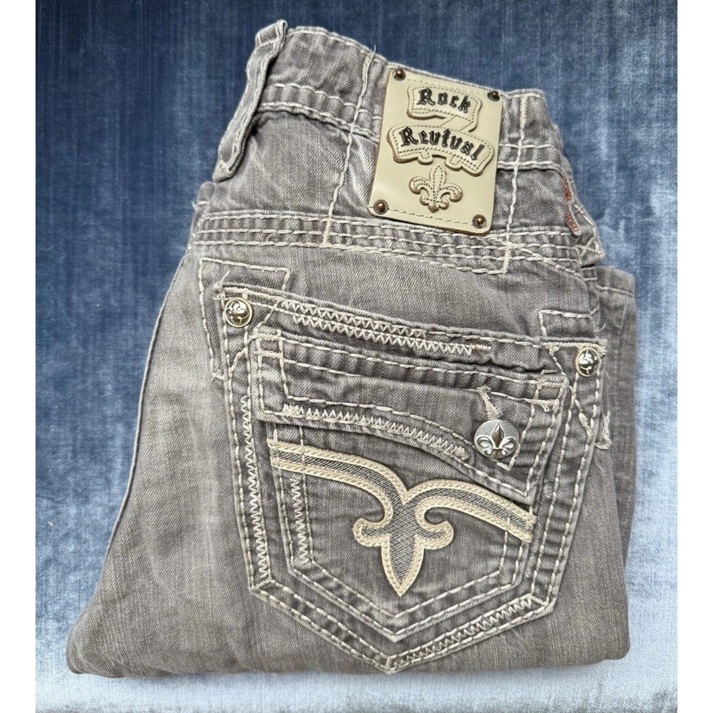 Rock Revival Jeans Mens 33 Gray Denim Jasper Straight Cotton Embellished 32x30"